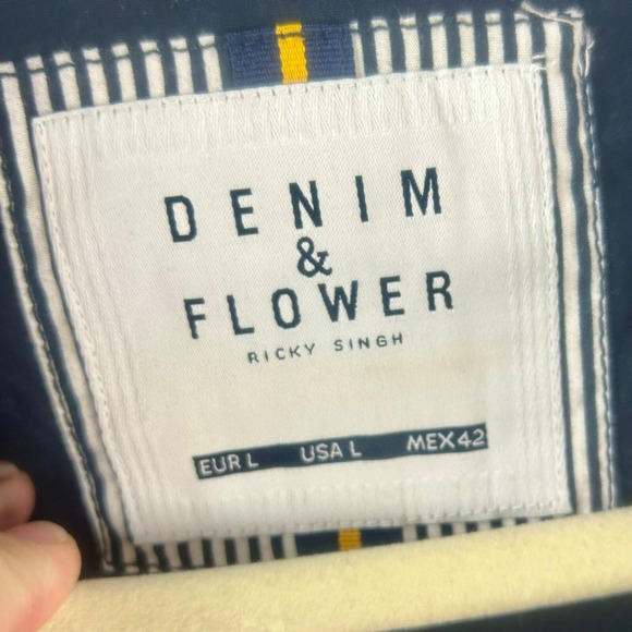 Denim & Flower Rick Singh Cotton Jacket Large Colorblock Hood Navy Blue Yellow‎ - Picture 8 of 8